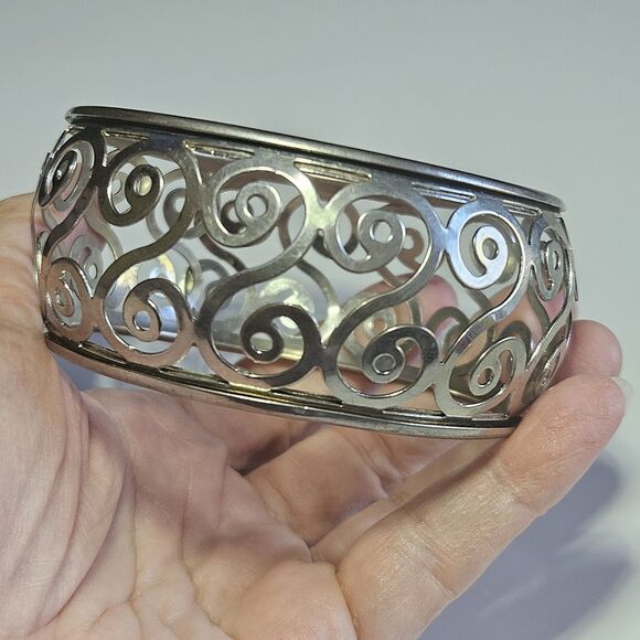 Silver Tone Large Filigree Bangle Bracelet 8.25" - Picture 1 of 13